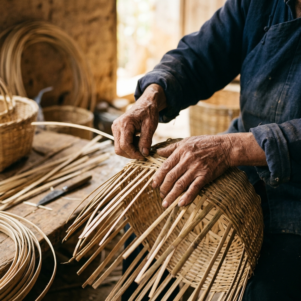 Weathered hands weaving a traditional bamboo basket